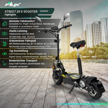 Preview: eFlux Street 20 E-Scooter mit Straßenzulassung, 20 km/h, 500 Watt, Elektroroller mit Sitz, klappbar
