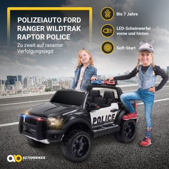 Preview: Ford Ranger Wildtrak Raptor Police, Kinder-Polizeiauto, lizenziert, Blaulicht, Sirene, Allrad 4x4