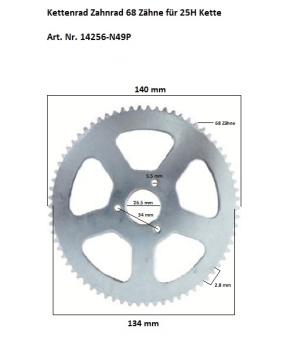 Kettenrad Zahnrad 68/70 oder 74 Zähne InnenØ 26,5 für 25H Kette