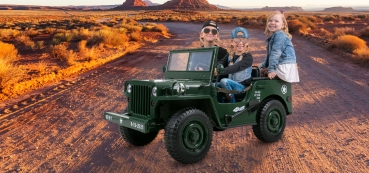Preview: Jeep Willys Kinder-Elektroauto, 3 Sitze und 3 Gurte, Schaufel, Ersatzrad, Federung, Allrad 4x4, LEDs